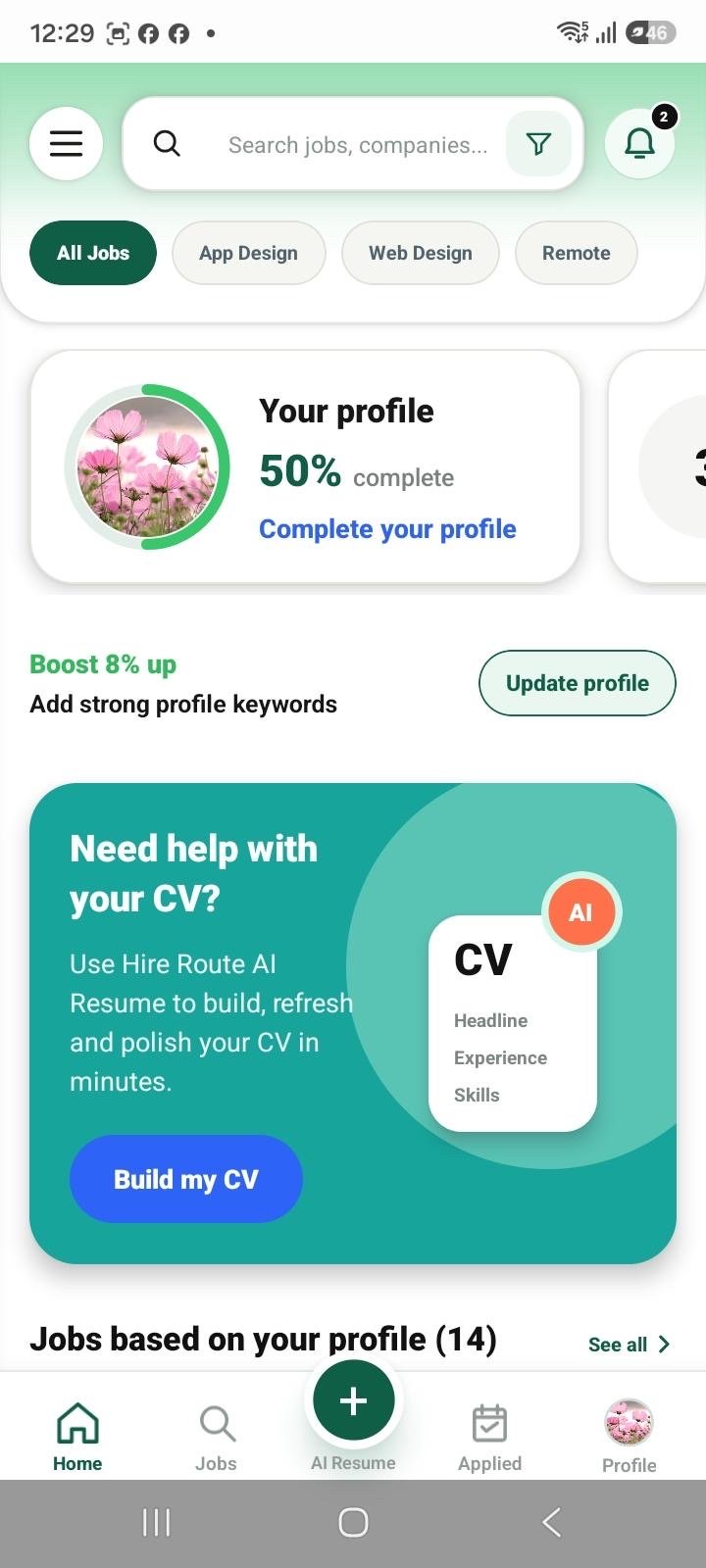 Hire Route app home screen with job search, profile and AI resume tools